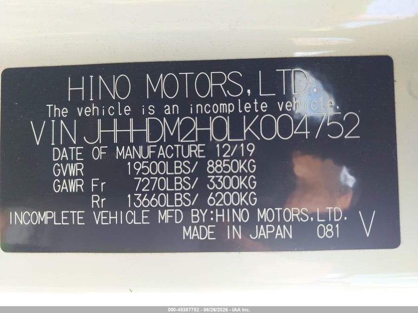 2020 Hino Xjc710/xfc710 VIN JHHHDM2H0LK004752 IAAI salvage auction — NORMAL WEAR, Clear (California), sold $25 on 2026-07-21 (photo 9)
