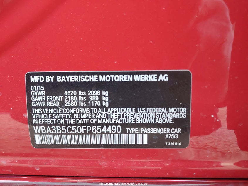 2015 BMW 3er VIN WBA3B5C50FP654490 IAAI salvage auction — FRONT END, Salvage (North Carolina), sold $1,750 on 2026-07-10 (photo 9)