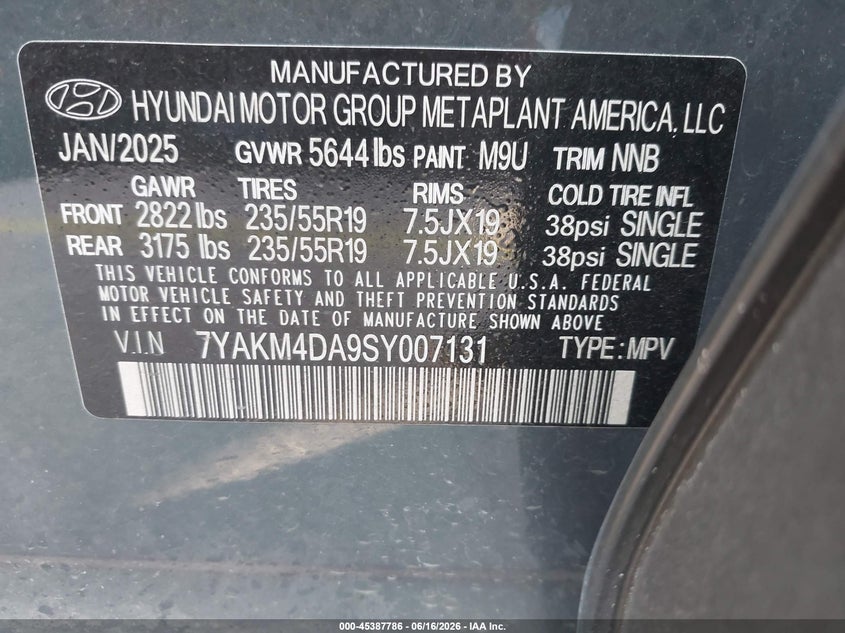 2025 Hyundai Ioniq 5 VIN 7YAKM4DA9SY007131 IAAI salvage auction — WATER/FLOOD, Salvage Title, sold $25 on 2026-07-30 (photo 9)