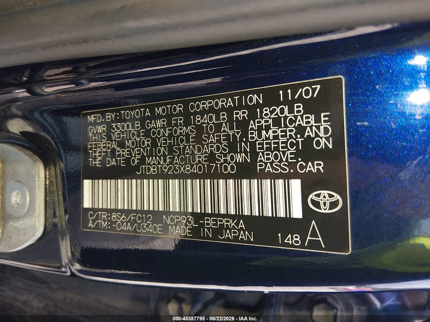 2008 Toyota Yaris VIN JTDBT923X84017100 IAAI salvage auction — FRONT END, Salvage (Georgia), sold $550 on 2026-07-23 (photo 9)