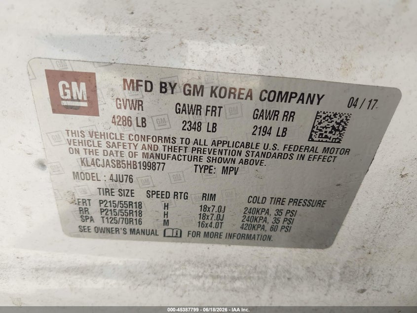 2017 Buick Encore VIN KL4CJASB5HB199877 IAAI salvage auction — NORMAL WEAR, Clear (Florida), sold $5,450 on 2026-07-15 (photo 9)