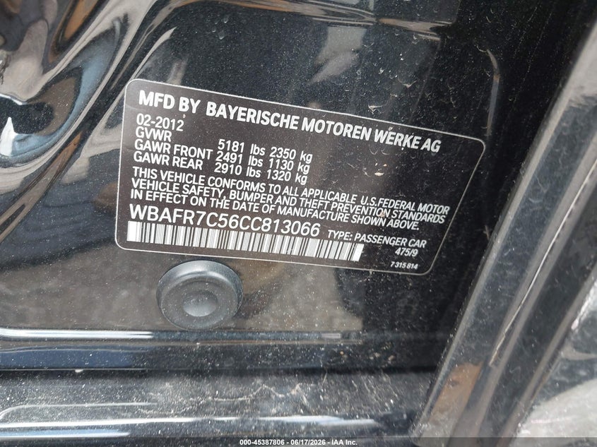 2012 BMW 5er VIN WBAFR7C56CC813066 IAAI salvage auction — LEFT SIDE, Salvage Title, sold $2,850 on 2026-07-22 (photo 9)