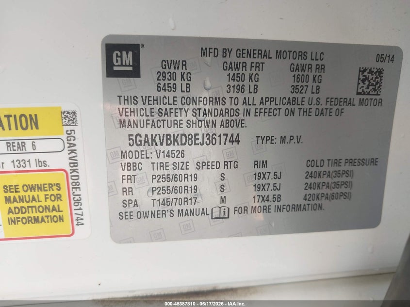 2014 Buick Enclave VIN 5GAKVBKD8EJ361744 IAAI salvage auction — SIDE, Salvage Title, sold $2,350 on 2026-08-02 (photo 9)