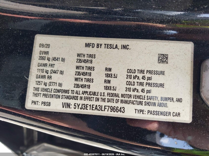 2020 Tesla Model 3 VIN 5YJ3E1EA3LF796643 IAAI salvage auction — FRONT & REAR, Wait Title, sold $4,250 on 2026-09-27 (photo 9)