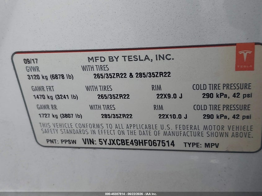 2017 Tesla Model x VIN 5YJXCBE49HF067514 IAAI salvage auction — REAR END, Salvage (Georgia), sold $10,500 on 2026-07-19 (photo 9)