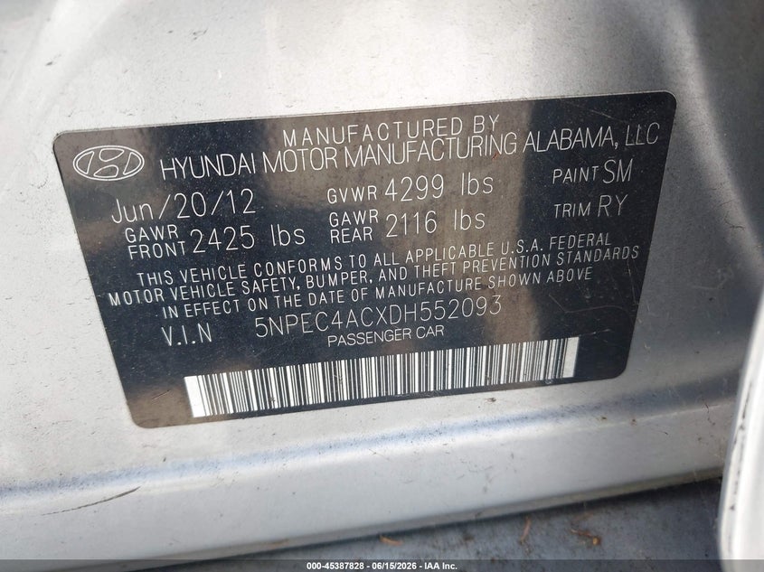 2013 Hyundai Sonata VIN 5NPEC4ACXDH552093 IAAI salvage auction — NORMAL WEAR, App For Dup Clear (California), sold $375 on 2026-07-13 (photo 9)