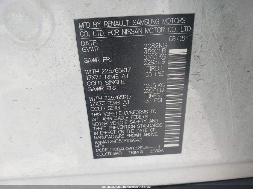 2018 Nissan Rogue VIN KNMAT2MT5JP619942 IAAI salvage auction — FRONT & REAR, Salvage Title, sold $3,000 on 2026-07-23 (photo 9)