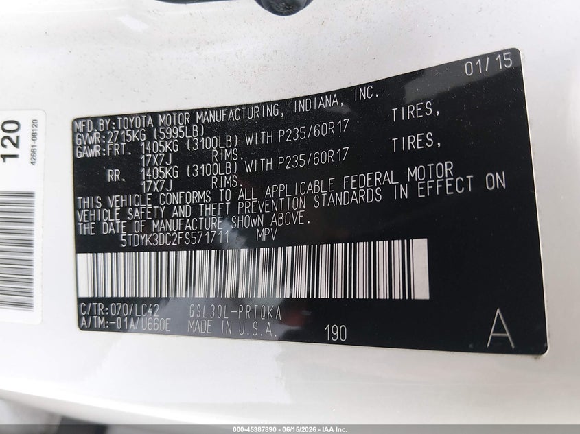 2015 Toyota Sienna VIN 5TDYK3DC2FS571711 IAAI salvage auction — REAR END, Salvage (Louisiana), sold $2,850 on 2026-07-13 (photo 9)