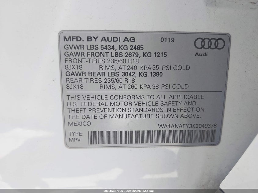 2019 Audi Q5 VIN WA1ANAFY3K2049378 IAAI salvage auction — FRONT END, Salvage (California), sold $5,700 on 2026-07-22 (photo 9)
