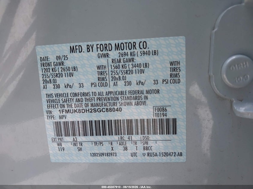 2025 Ford Explorer VIN 1FMUK8DH2SGC88040 IAAI salvage auction — SIDE, Salvage (Illinois), sold $16,050 on 2026-08-25 (photo 9)
