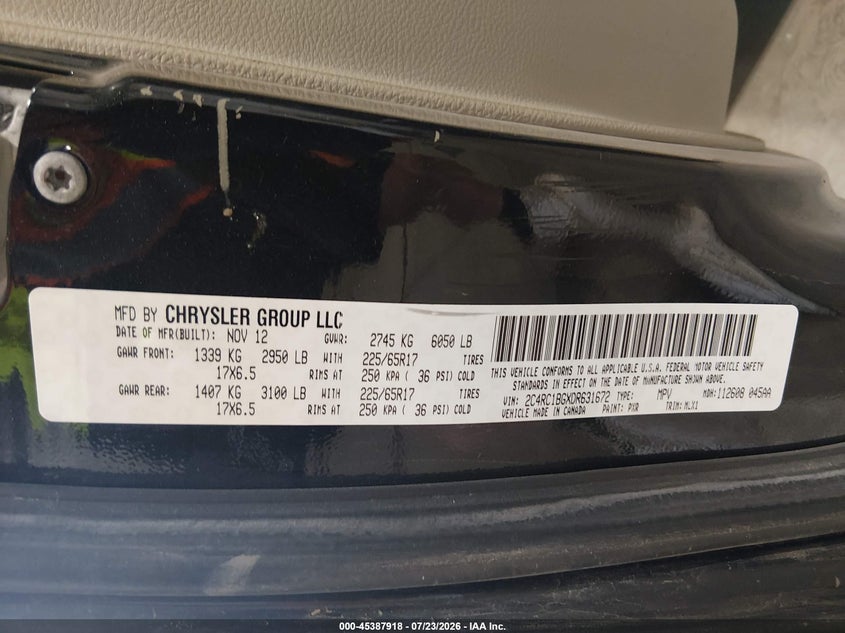2013 Chrysler Town & country VIN 2C4RC1BGXDR631672 IAAI salvage auction — STORM DAMAGE, Wait Title, sold $825 on 2026-09-28 (photo 9)