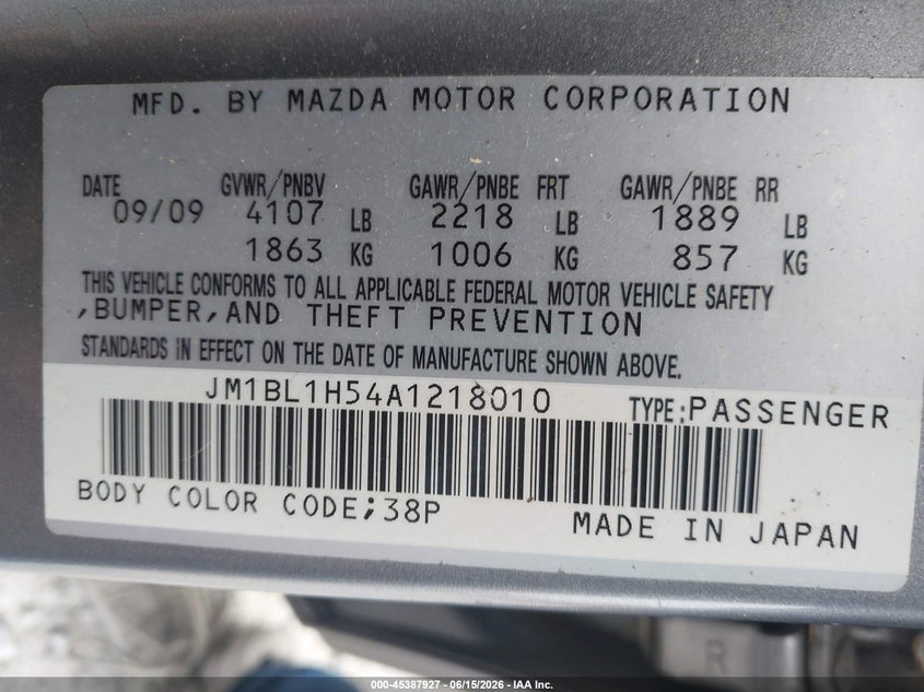 2010 Mazda 3 VIN JM1BL1H54A1218010 IAAI salvage auction — NORMAL WEAR, Clear (Florida), sold $575 on 2026-07-16 (photo 9)