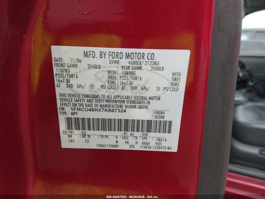 2007 Ford Escape hybrid VIN 1FMCU49HX7KB87324 IAAI salvage auction — NORMAL WEAR, Original (Ohio), sold $100 on 2026-07-08 (photo 9)