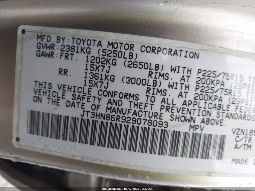 2002 Toyota 4runner VIN JT3HN86R929078093 IAAI salvage auction — RIGHT FRONT, Rebuildable (Florida), sold $2,650 on 2026-07-23 (photo 9)