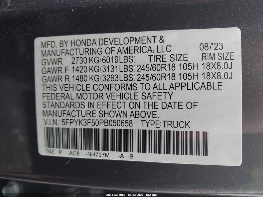 2023 Honda Ridgeline VIN 5FPYK3F50PB050658 IAAI salvage auction — FRONT END, Salvage (New Jersey), sold $16,525 on 2026-08-20 (photo 9)