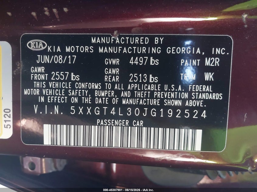 2018 Kia Optima VIN 5XXGT4L30JG192524 IAAI salvage auction — FRONT END, Salvage Title, sold $1,750 on 2026-07-22 (photo 9)