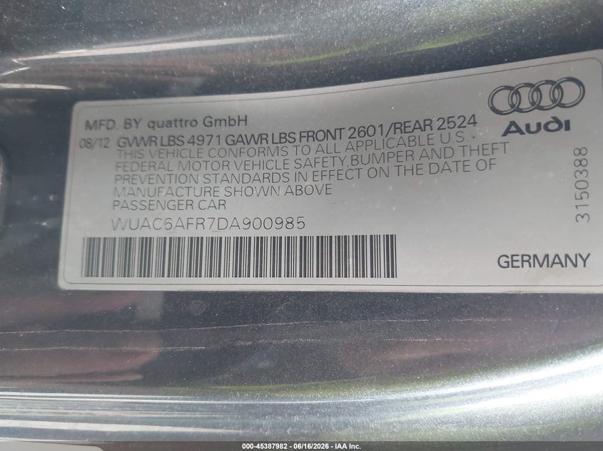 2013 Audi Rs5 VIN WUAC6AFR7DA900985 IAAI salvage auction — RIGHT FRONT, Clear (Indiana), sold $4,875 on 2026-07-08 (photo 9)
