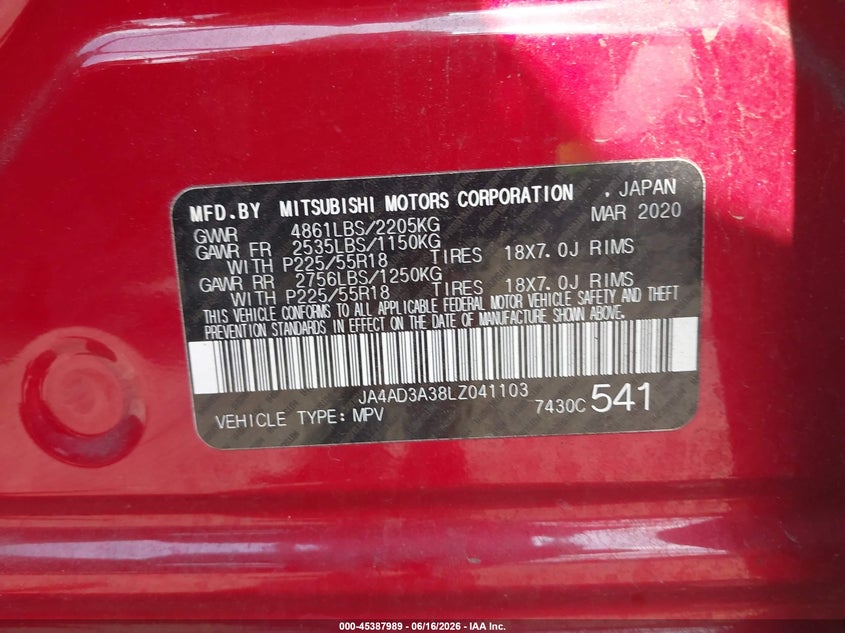 2020 Mitsubishi Outlander VIN JA4AD3A38LZ041103 IAAI salvage auction — RIGHT FRONT, Salvage (Texas), sold $2,950 on 2026-07-28 (photo 9)