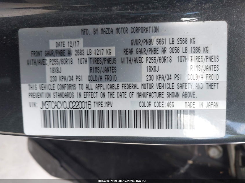 2018 Mazda Cx-9 VIN JM3TCACY0J0220016 IAAI salvage auction — FRONT END, Original (Texas), sold $2,850 on 2026-07-29 (photo 9)