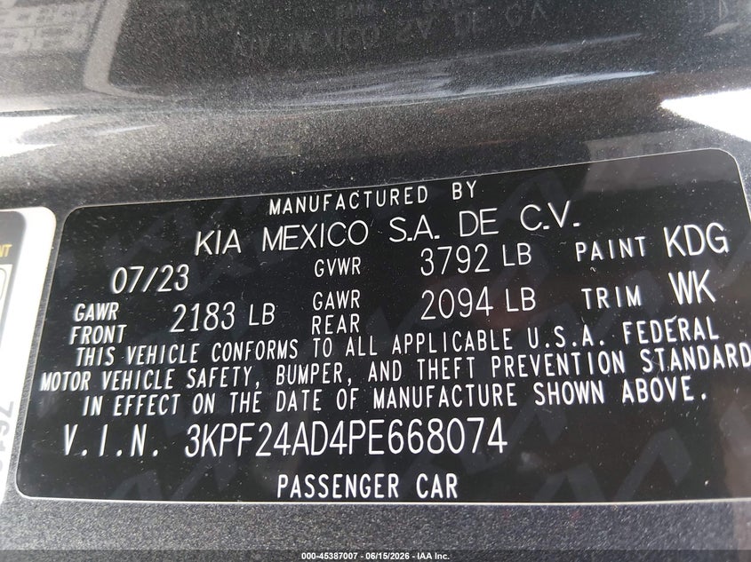 2023 Kia Forte VIN 3KPF24AD4PE668074 IAAI salvage auction — HAIL, Salvage (Ohio), sold $8,000 on 2026-07-14 (photo 9)