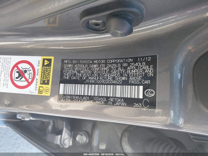 2013 Lexus ES VIN JTHBK1GG9D2034622 IAAI salvage auction — FRONT END, Salvage (California), sold $2,550 on 2026-07-08 (photo 9)