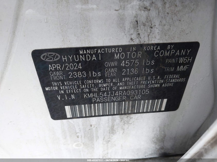 2024 Hyundai Sonata hybrid VIN KMHL54JJ4RA093105 IAAI salvage auction — NORMAL WEAR, Repossession Paperwork (Georgia), sold $21,650 on 2026-07-06 (photo 9)