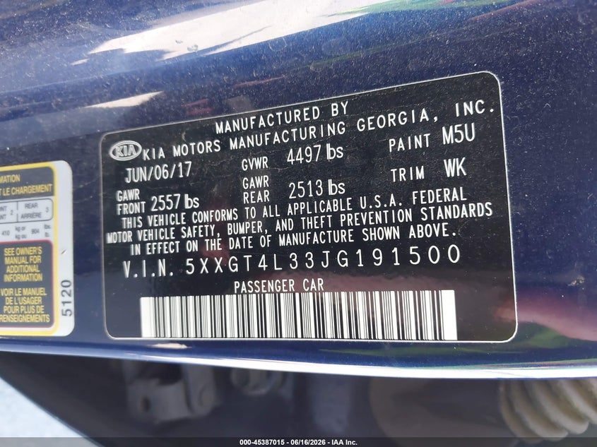 2018 Kia Optima VIN 5XXGT4L33JG191500 IAAI salvage auction — NORMAL WEAR, Clear - Dealer Only (California), sold $1,225 on 2026-07-13 (photo 9)