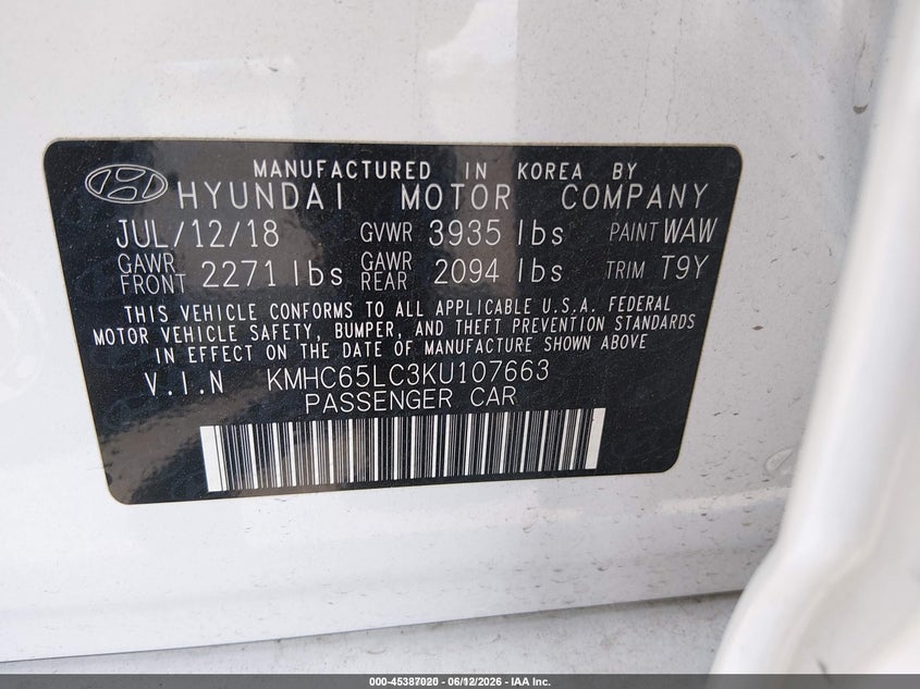 2019 Hyundai Ioniq hybrid VIN KMHC65LC3KU107663 IAAI salvage auction — NORMAL WEAR, SF97 (California), sold $75 on 2026-07-30 (photo 9)