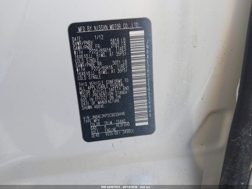 2012 Nissan Quest VIN JN8AE2KP2C9039446 IAAI salvage auction — LEFT SIDE, Salvage (Pennsylvania), sold $25 on 2026-07-10 (photo 9)