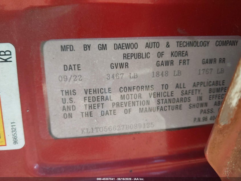 2007 Chevrolet Aveo VIN KL1TG56627B089125 IAAI salvage auction — VANDALISM, Salvage (Ohio), sold $225 on 2026-07-09 (photo 9)