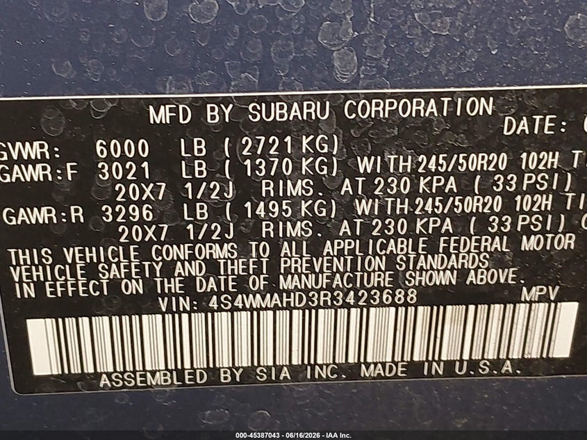 2024 Subaru Ascent VIN 4S4WMAHD3R3423688 IAAI salvage auction — FRONT END, Salvage Title, sold $7,600 on 2026-07-30 (photo 9)