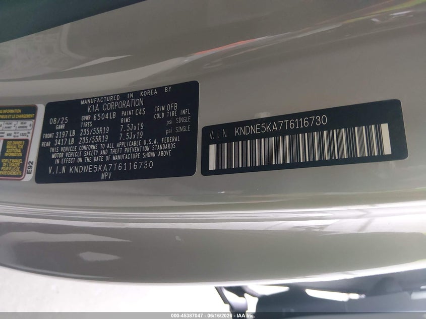 2026 Kia Carnival VIN KNDNE5KA7T6116730 IAAI salvage auction — FRONT END, Rebuildable (Florida), sold $14,000 on 2026-07-22 (photo 9)