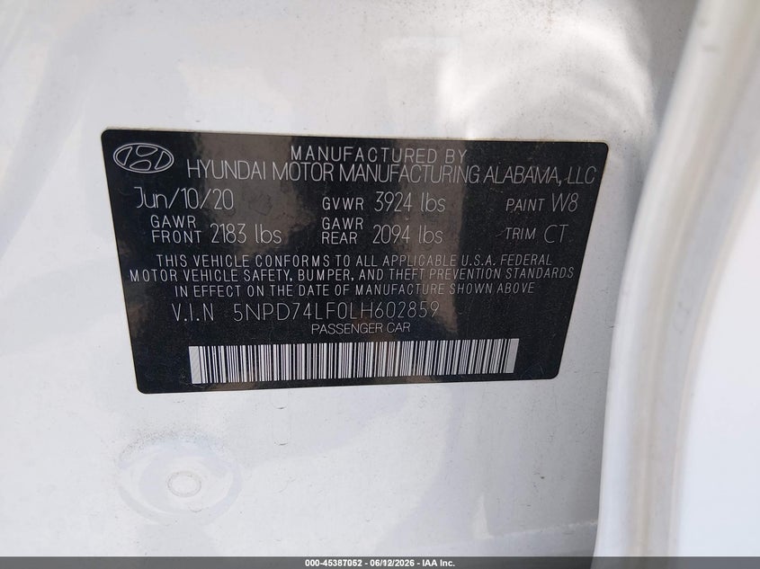 2020 Hyundai Elantra VIN 5NPD74LF0LH602859 IAAI salvage auction — NORMAL WEAR, SF97 (California), sold $8,300 on 2026-07-30 (photo 9)