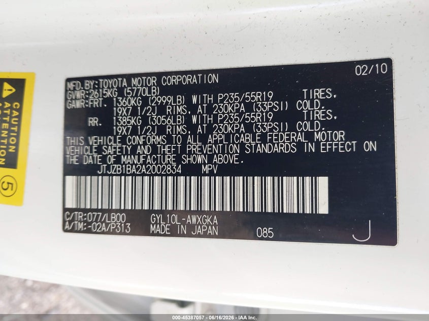 2010 Lexus Rx VIN JTJZB1BA2A2002834 IAAI salvage auction — ROOF, Salvage (Illinois), sold $2,250 on 2026-07-29 (photo 9)