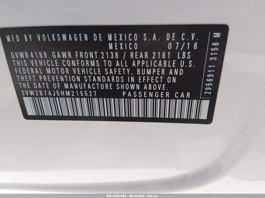 2017 Volkswagen Jetta VIN 3VW2B7AJ5HM215527 IAAI salvage auction — FRONT END, Salvage (Utah), sold $2,050 on 2026-07-09 (photo 9)