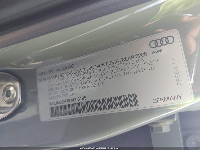 2020 Audi A3 VIN WAUAUGFF6LA003185 IAAI salvage auction — WATER/FLOOD, Certificate Of Destruction (Florida), sold $2,050 on 2026-07-28 (photo 9)