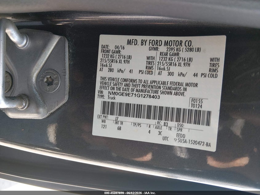 2016 Ford Transit connect VIN NM0GE9E71G1278403 IAAI salvage auction — NORMAL WEAR, SF97 (California), sold $50 on 2026-07-30 (photo 9)