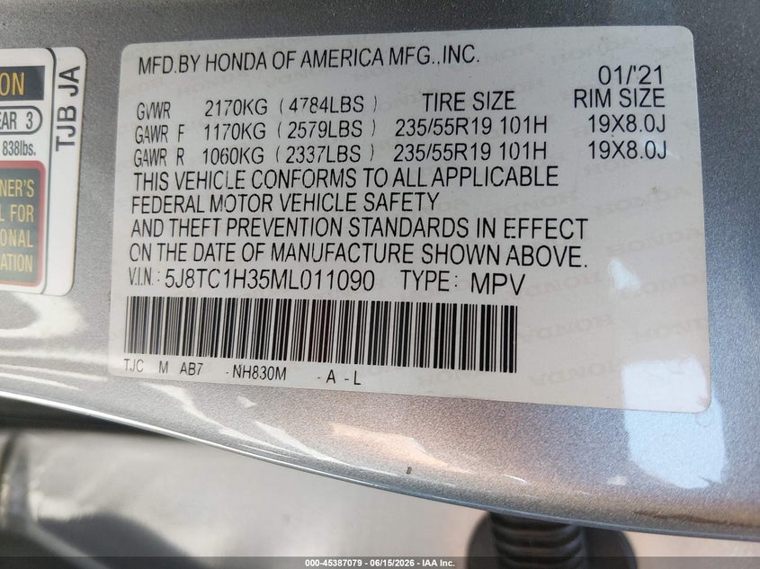 2021 Acura Rdx VIN 5J8TC1H35ML011090 IAAI salvage auction — SIDE, Salvage Title, sold $4,700 on 2026-07-19 (photo 9)