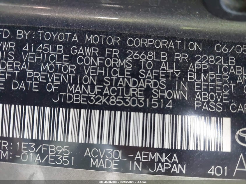 2005 Toyota Camry VIN JTDBE32K853031514 IAAI salvage auction — REAR END, Salvage (North Carolina), sold $475 on 2026-07-09 (photo 9)
