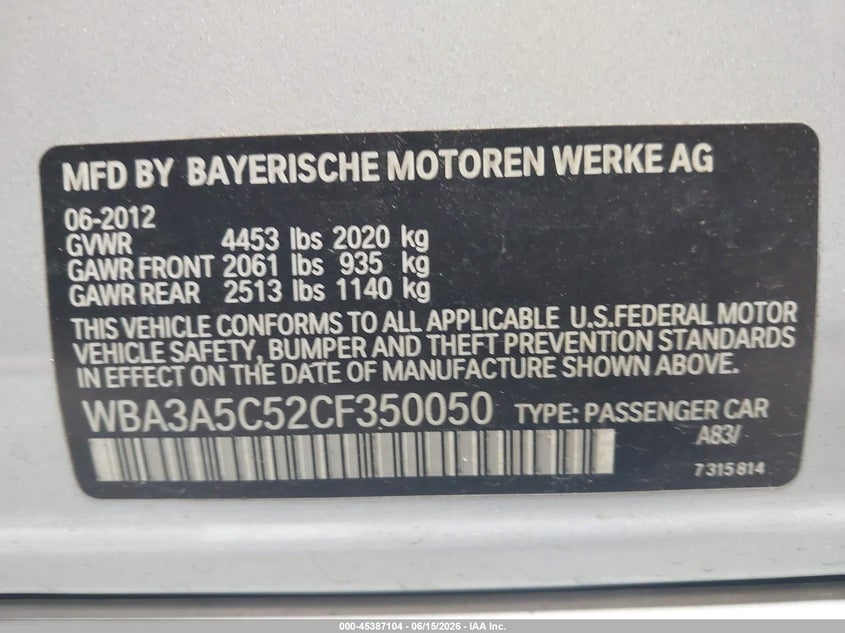2012 BMW 3er VIN WBA3A5C52CF350050 IAAI salvage auction — NORMAL WEAR, Clear (North Carolina), sold $700 on 2026-07-16 (photo 9)