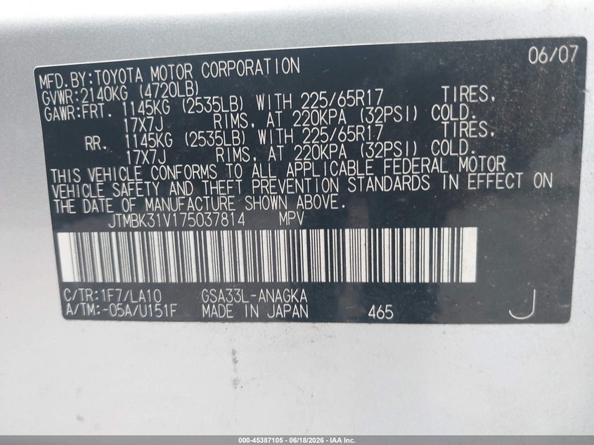 2007 Toyota Rav 4 VIN JTMBK31V175037814 IAAI salvage auction — UNKNOWN, Rebuildable (Florida), sold $1,600 on 2026-07-07 (photo 9)