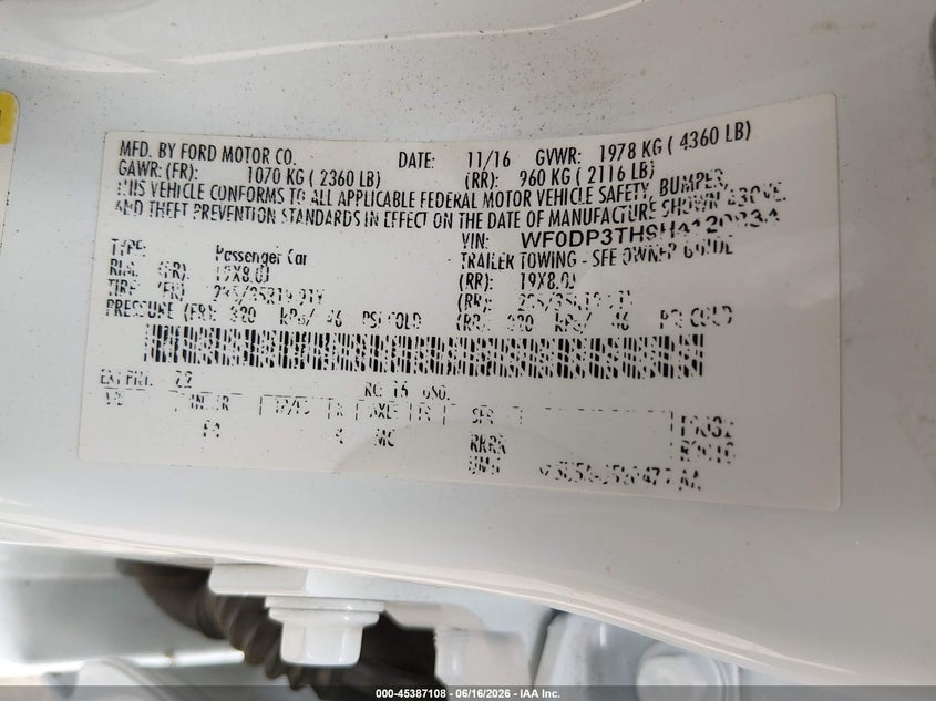 2017 Ford Focus rs VIN WF0DP3TH9H4120834 IAAI salvage auction — FRONT END, Salvage (South Carolina), sold $2,000 on 2026-07-25 (photo 9)