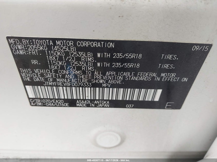 2015 Toyota Rav 4 VIN JTMYFREV8FD079333 IAAI salvage auction — FRONT END, Salvage (Georgia), sold $4,650 on 2026-07-23 (photo 9)