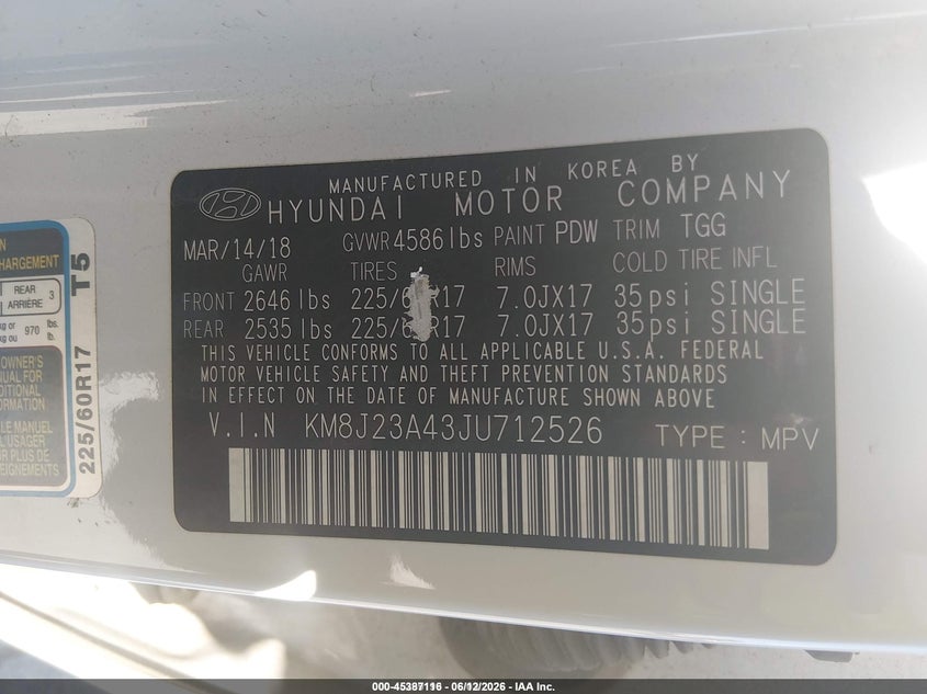 2018 Hyundai Tucson VIN KM8J23A43JU712526 IAAI salvage auction — NORMAL WEAR, SF97 (California), sold $7,400 on 2026-07-30 (photo 9)