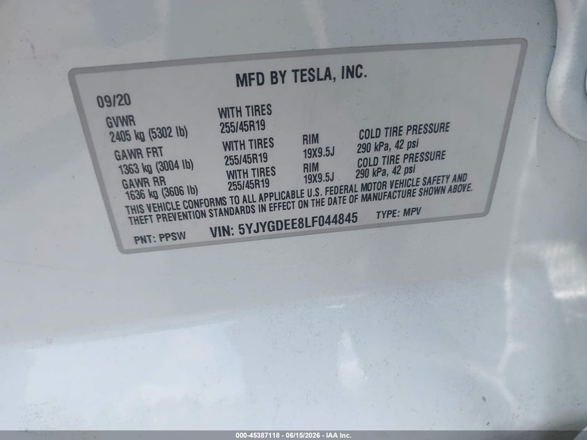 2020 Tesla Model y VIN 5YJYGDEE8LF044845 IAAI salvage auction — FRONT & REAR, Certificate Of Destruction (Florida), sold $2,050 on 2026-07-10 (photo 9)