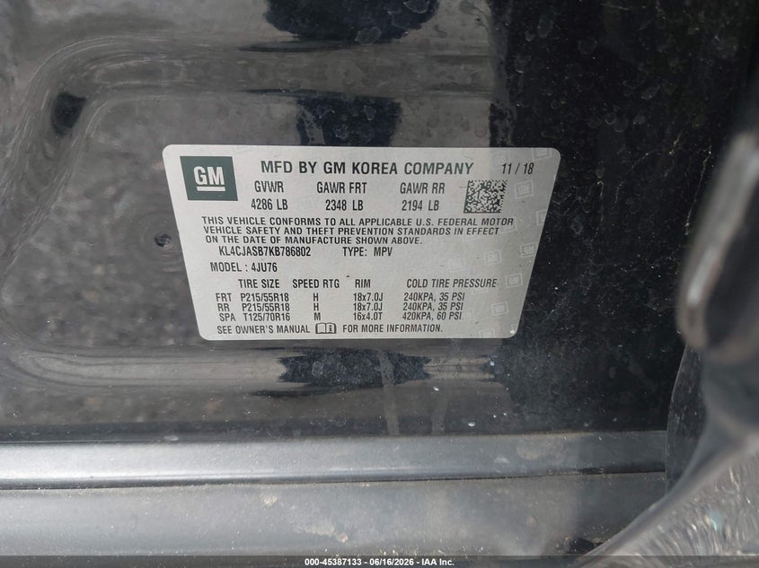 2019 Buick Encore VIN KL4CJASB7KB786802 IAAI salvage auction — LEFT REAR, Rebuildable (Florida), sold $25 on 2026-07-28 (photo 9)