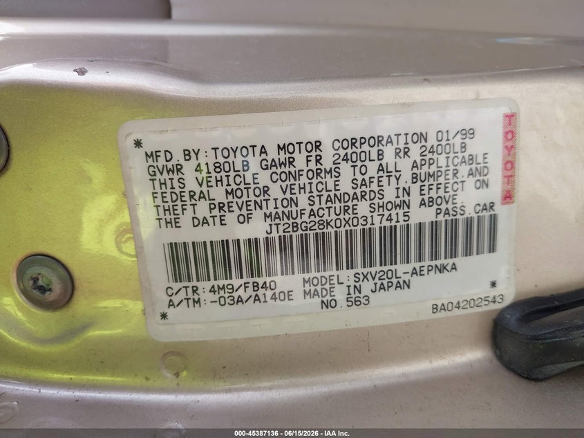 1999 Toyota Camry VIN JT2BG28K0X0317415 IAAI salvage auction — FRONT END, Bill Of Sale (Washington), sold $300 on 2026-07-22 (photo 9)