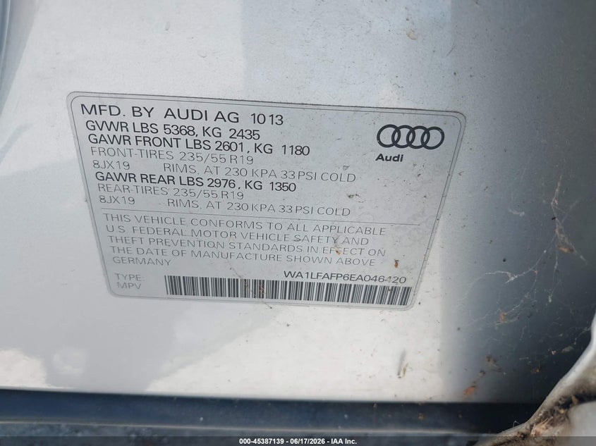 2014 Audi Q5 VIN WA1LFAFP6EA046420 IAAI salvage auction — RIGHT REAR, Original (Texas), sold $2,750 on 2026-07-22 (photo 9)
