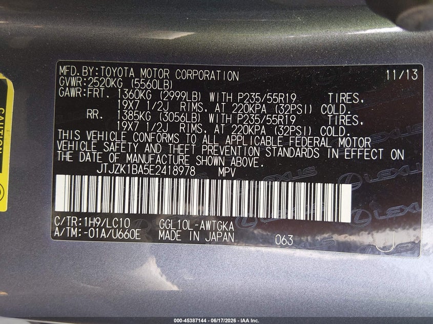 2014 Lexus VIN JTJZK1BA5E2418978 IAAI salvage auction — LEFT FRONT, Salvage (Tennessee), sold $7,300 on 2026-07-15 (photo 9)