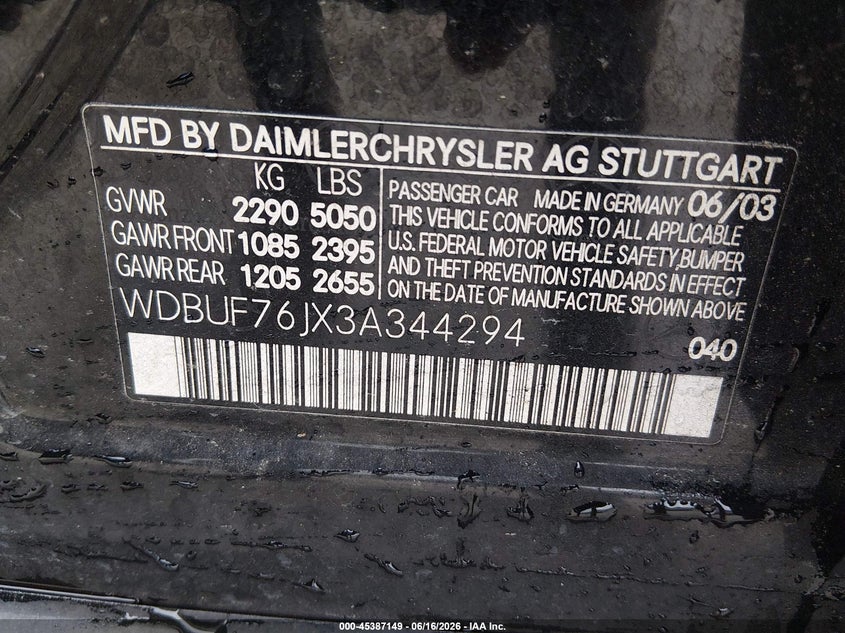 2003 Mercedes-benz E-class VIN WDBUF76JX3A344294 IAAI salvage auction — NORMAL WEAR, Repossession Paperwork (Georgia), sold $3,550 on 2026-07-17 (photo 9)